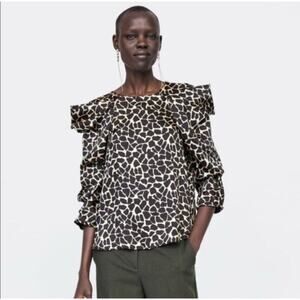 Zara Women's Giraffe Print Ruffle Sleeve Blouse size Large